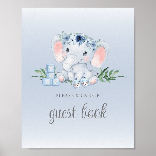 Blue Floral Elephant Baby shower Gastenboek teken Poster (Voorkant)