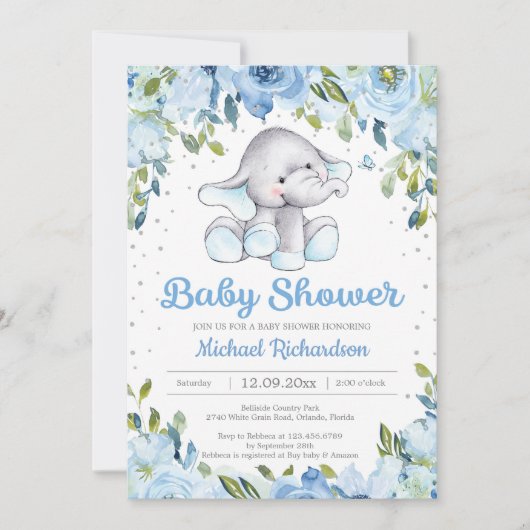 Blue Floral Elephant baby shower Invitation Kaart (Voorkant)