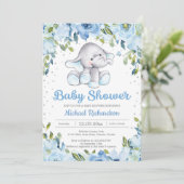 Blue Floral Elephant baby shower Invitation Kaart (Staand voorkant)