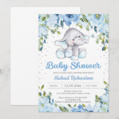 Blue Floral Elephant baby shower Invitation Kaart (Voorkant / Achterkant)