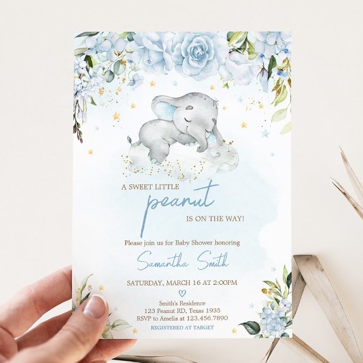 Blue Floral Elephant Baby shower Kaart