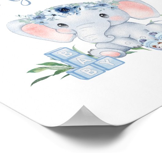 Blue Floral Elephant Baby shower Kaarten en gesche Poster (Hoek)