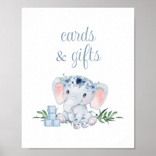 Blue Floral Elephant Baby shower Kaarten en gesche Poster (Voorkant)