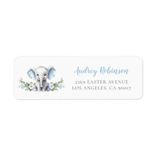 Blue Floral Elephant Baby shower retouradres Etiket (Voorkant)