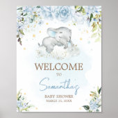 Blue Floral Elephant Baby shower Welkom Poster (Voorkant)