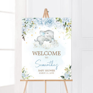 Blue Floral Elephant Baby shower Welkom Poster