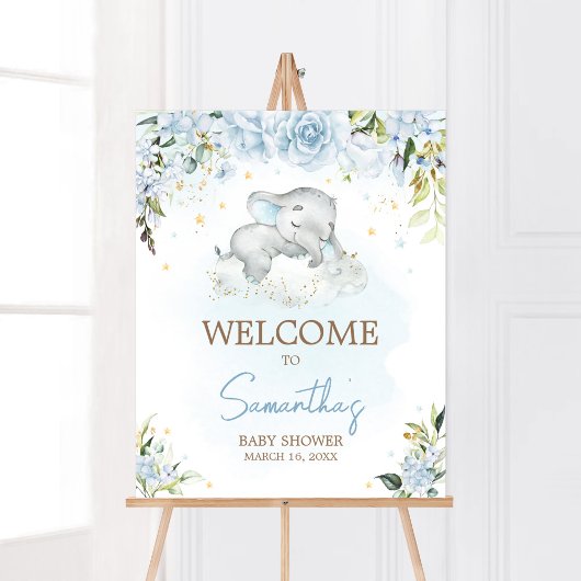 Blue Floral Elephant Baby shower Welkom Poster