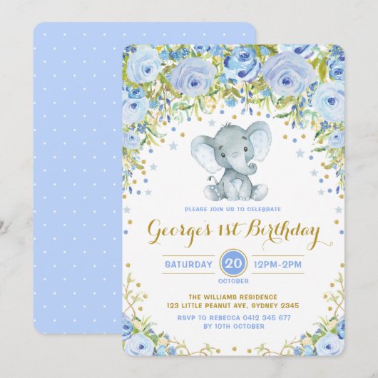 Blue Floral Elephant Boy 1st Birthday Party Kaart (Voorkant / Achterkant)