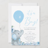 Blue Floral Elephant Boy Baby shower Kaart (Voorkant)