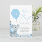 Blue Floral Elephant Boy Baby shower Kaart (Staand voorkant)