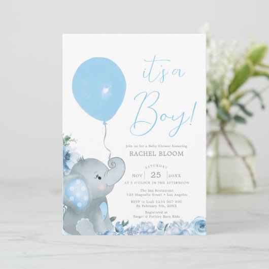 Blue Floral Elephant Boy Baby shower Kaart (Staand voorkant)