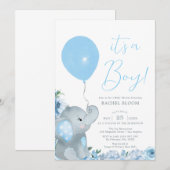 Blue Floral Elephant Boy Baby shower Kaart (Voorkant / Achterkant)
