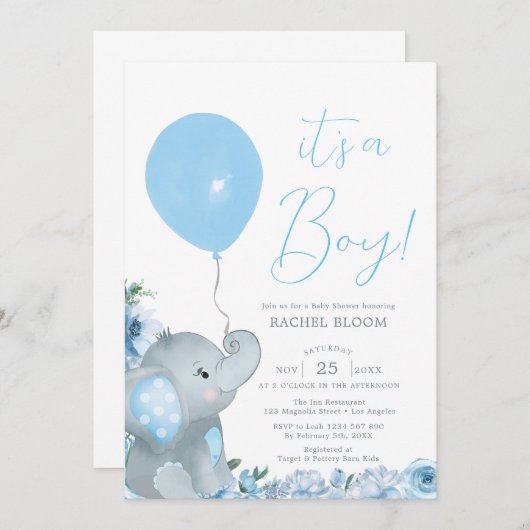 Blue Floral Elephant Boy Baby shower Kaart (Voorkant / Achterkant)