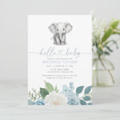 Blue Floral Elephant Boy Baby shower Kaart (Staand voorkant)