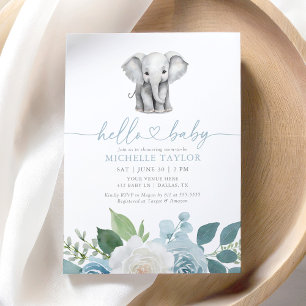 Blue Floral Elephant Boy Baby shower Kaart