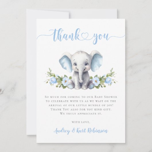 Blue Floral Elephant Little Peanut Baby Shower Bedankkaart (Voorkant)