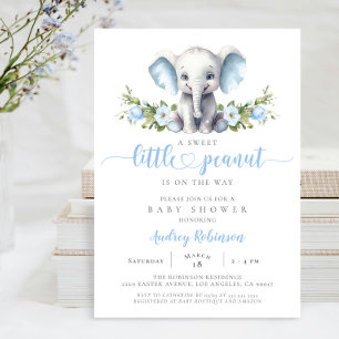 Blue Floral Elephant Little Peanut Baby Shower Kaart