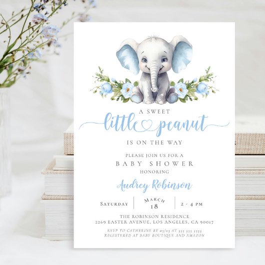 Blue Floral Elephant Little Peanut Baby Shower Kaart