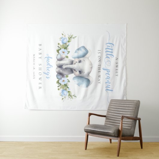Blue Floral Elephant Waterverf Baby Boy Shower Wandkleed
