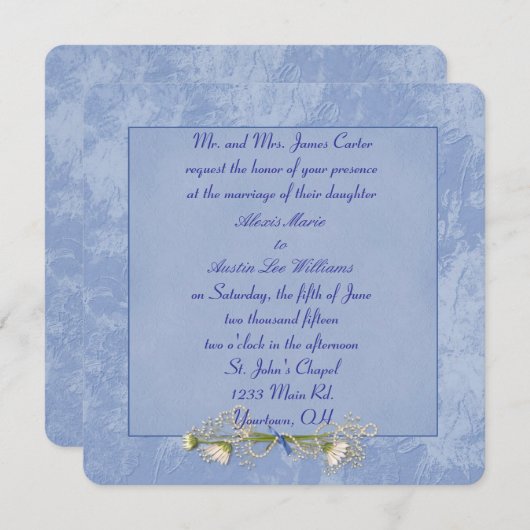 Blue Floral Embossed Wedding-uitnodiging Kaart (Voorkant / Achterkant)