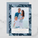 Blue Floral en Gold Hanukkah Foto Folie Feestdagenkaart<br><div class="desc">Donkerblauw bloemontwerp van Shelby Allison. Pas deze Hanukkah-fotokaart aan met uw afbeelding en echte gouden folie.</div>