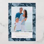 Blue Floral en Gold Hanukkah Foto Folie Feestdagenkaart (Voorkant)