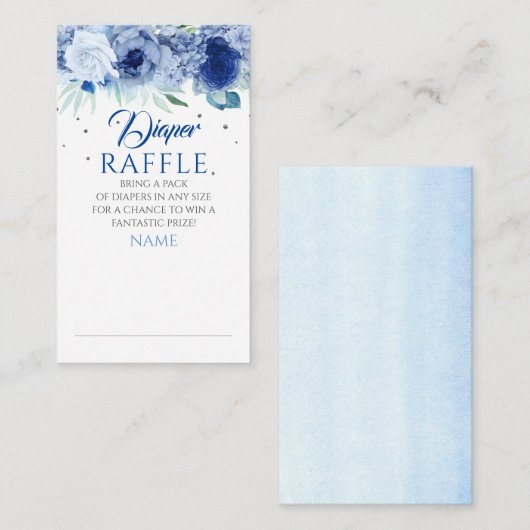 Blue Floral en Silver Stippen Luier Raffle Ticket Informatiekaartje (Voorkant / Achterkant)