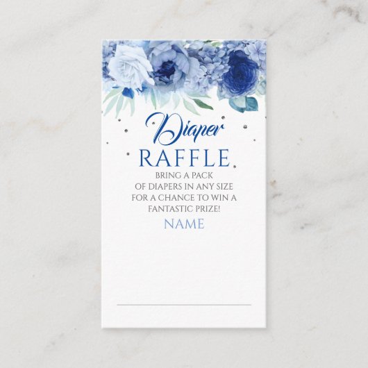 Blue Floral en Silver Stippen Luier Raffle Ticket Informatiekaartje (Voorkant)