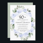 Blue Floral Eucalyptus 90th Birthday Party Kaart<br><div class="desc">Eer een speciaal persoon met deze elegante uitnodiging van het 90e Birthday feest. Blauwe rozen die in zachte,  groene eucalyptusbladeren zijn genestd,  vormen een modern botanisch lijst. Alle tekst kan worden bewerkt,  dus je kunt je speciale viering perfect beschrijven</div>