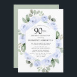 Blue Floral Eucalyptus 90th Birthday Party Kaart<br><div class="desc">Eer een speciaal persoon met deze elegante uitnodiging van het 90e Birthday feest. Blauwe rozen die in zachte,  groene eucalyptusbladeren zijn genestd,  vormen een modern botanisch lijst. Alle tekst kan worden bewerkt,  dus je kunt je speciale viering perfect beschrijven</div>