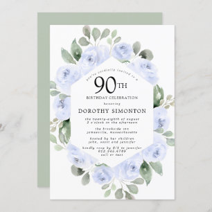Blue Floral Eucalyptus 90th Birthday Party Kaart