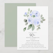 Blue Floral Eucalyptus 90th Birthday Party Kaart (Voorkant / Achterkant)