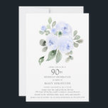 Blue Floral Eucalyptus 90th Birthday Party Kaart<br><div class="desc">Eer een speciaal persoon met deze elegante uitnodiging van het 90e Birthday feest. Blauwe rozen die in zachte,  groene eucalyptusbladeren zijn genestd,  vormen een modern botanisch boeket. Alle tekst kan worden bewerkt,  dus je kunt je speciale viering perfect beschrijven</div>