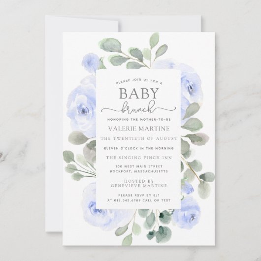 Blue Floral Eucalyptus Baby Brunch Uitnodiging (Voorkant)
