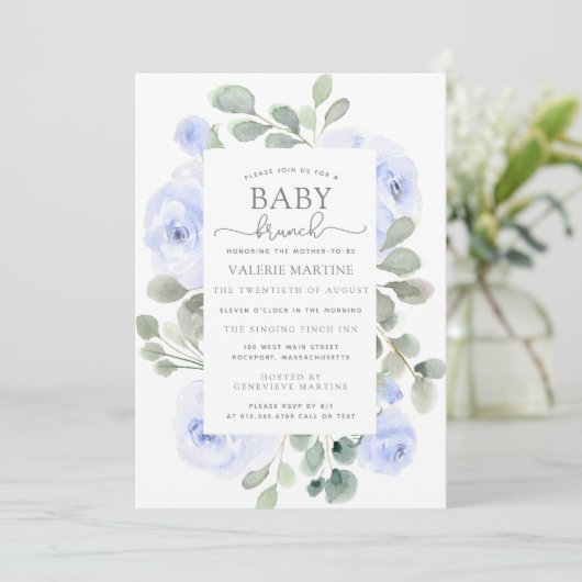 Blue Floral Eucalyptus Baby Brunch Uitnodiging (Staand voorkant)