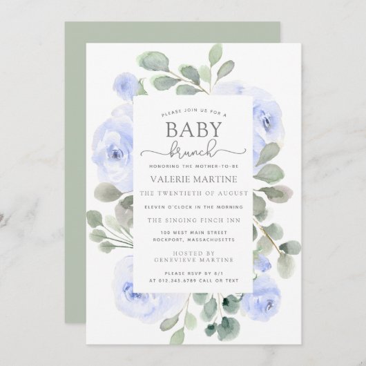 Blue Floral Eucalyptus Baby Brunch Uitnodiging (Voorkant / Achterkant)