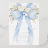 Blue Floral Eucalyptus Bow Boy Baptism Folie Uitnodiging (Voorkant)