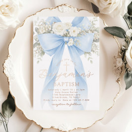Blue Floral Eucalyptus Bow Boy Baptism Folie Uitnodiging