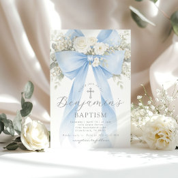Blue Floral Eucalyptus Bow Boy Baptism Kaart