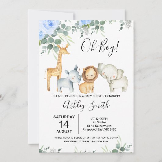 Blue Floral Eucalyptus Cute Safari Baby shower Kaart (Voorkant)