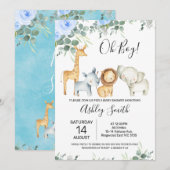 Blue Floral Eucalyptus Cute Safari Baby shower Kaart (Voorkant / Achterkant)