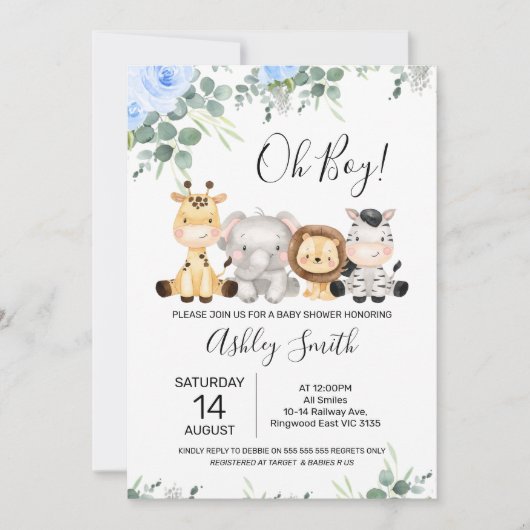 Blue Floral Eucalyptus Four Safari Baby shower Kaart (Voorkant)