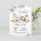 Blue Floral Eucalyptus Four Safari Baby shower Kaart (Staand voorkant)