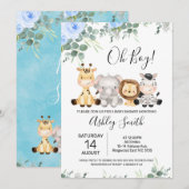 Blue Floral Eucalyptus Four Safari Baby shower Kaart (Voorkant / Achterkant)