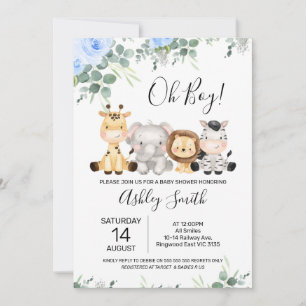 Blue Floral Eucalyptus Four Safari Baby shower Kaart