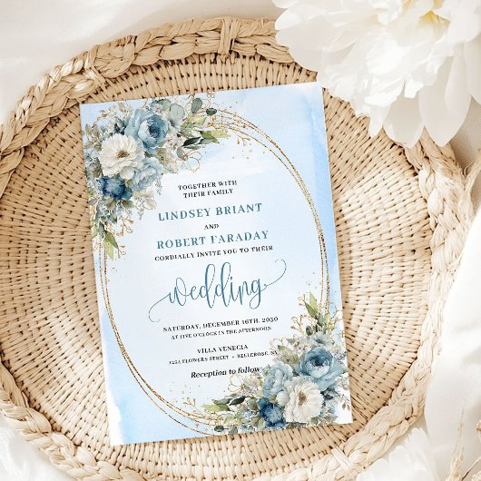 Blue Floral Eucalyptus Gold Glitter Wedding Invite Kaart