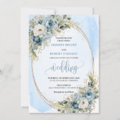 Blue Floral Eucalyptus Gold Glitter Wedding Invite Kaart (Voorkant)