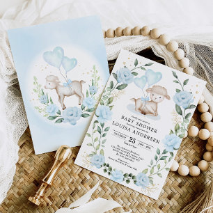 Blue Floral Eucalyptus Lamb Baby Sheep Boy Shower Kaart