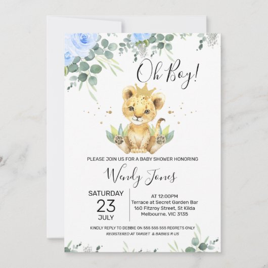 Blue Floral Eucalyptus Lion King Baby shower Kaart (Voorkant)
