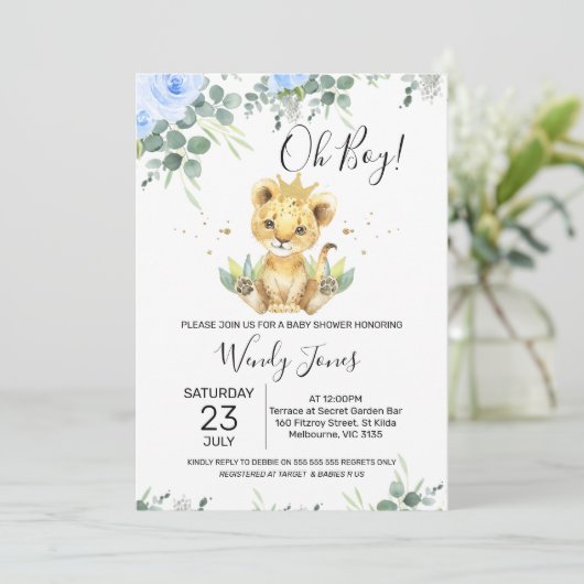 Blue Floral Eucalyptus Lion King Baby shower Kaart (Staand voorkant)